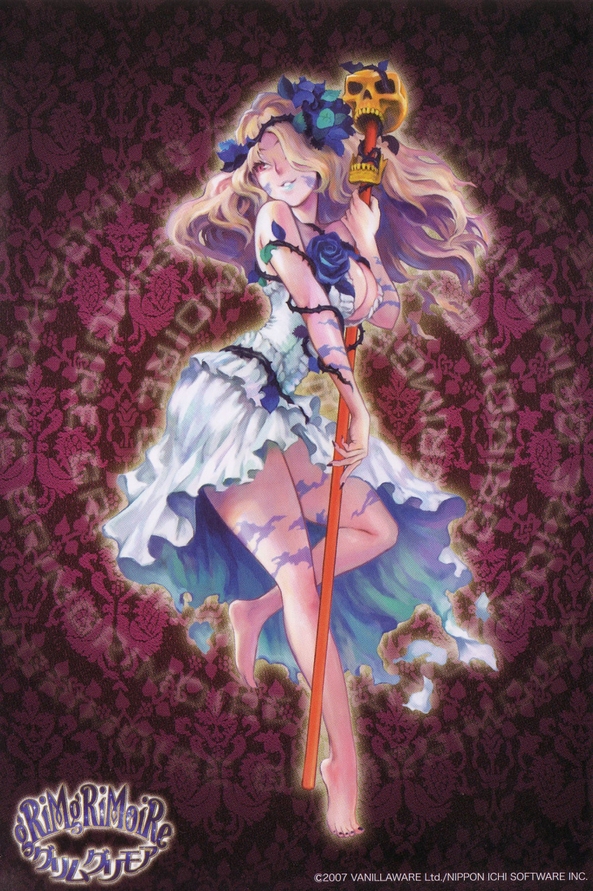 1girl blonde_hair breasts cleavage feet flower grimgrimoire highres leaf lujei_piche nail_polish nippon_ichi official_art parted_lips red_eyes rod rose scan skull smile solo soul_cradle soul_nomad vanillaware