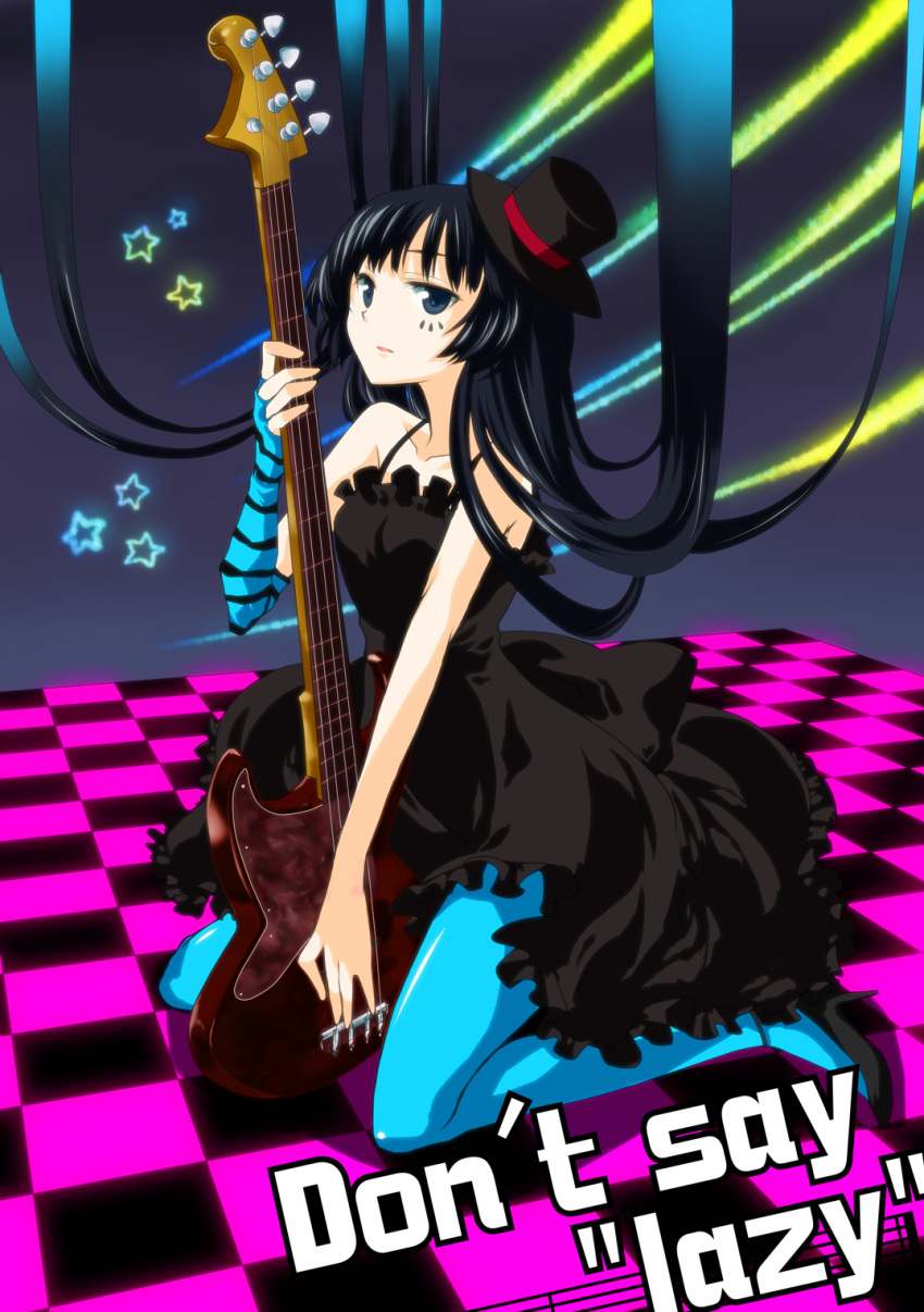 bangs bass_guitar black_hair blue_eyes blue_legwear blunt_bangs checkered don't_say_lazy don't_say_"lazy" dress elbow_gloves face_paint facepaint fingerless_gloves gloves hat high_heels highres hime_cut instrument k-on! long_hair mini_top_hat myama pantyhose shoes solo top_hat