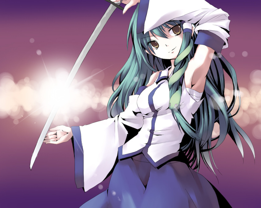bad_id detached_sleeves green_hair katana kochiya_sanae lens_flare myaaco sarashi sword touhou weapon