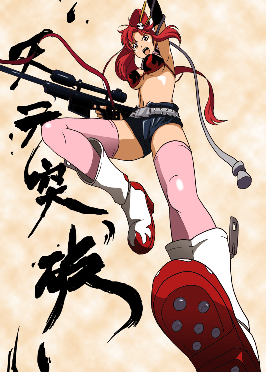 armpits belt bikini_top boots elbow_gloves fingerless_gloves from_below gloves gun hair_ornament highres hotpants jumping kakkii long_hair midriff pink_legwear pink_thighhighs ponytail red_hair redhead rifle scarf short_shorts shorts sniper_rifle tengen_toppa_gurren_lagann thigh-highs thighhighs weapon yellow_eyes yoko_littner yoko_ritona