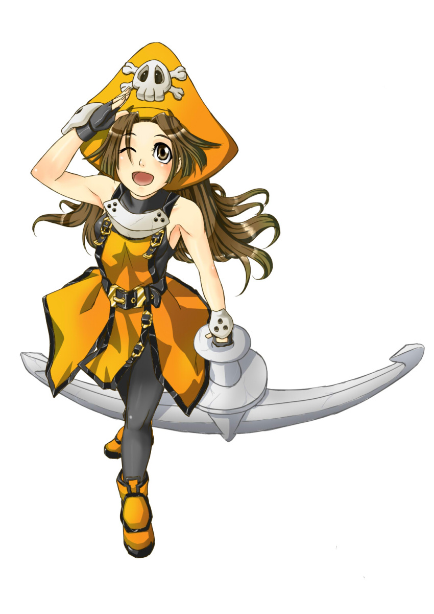 belt brown_hair guilty_gear hat highres k-na long_hair may may_(guilty_gear) pantyhose pirate_hat simple_background wink