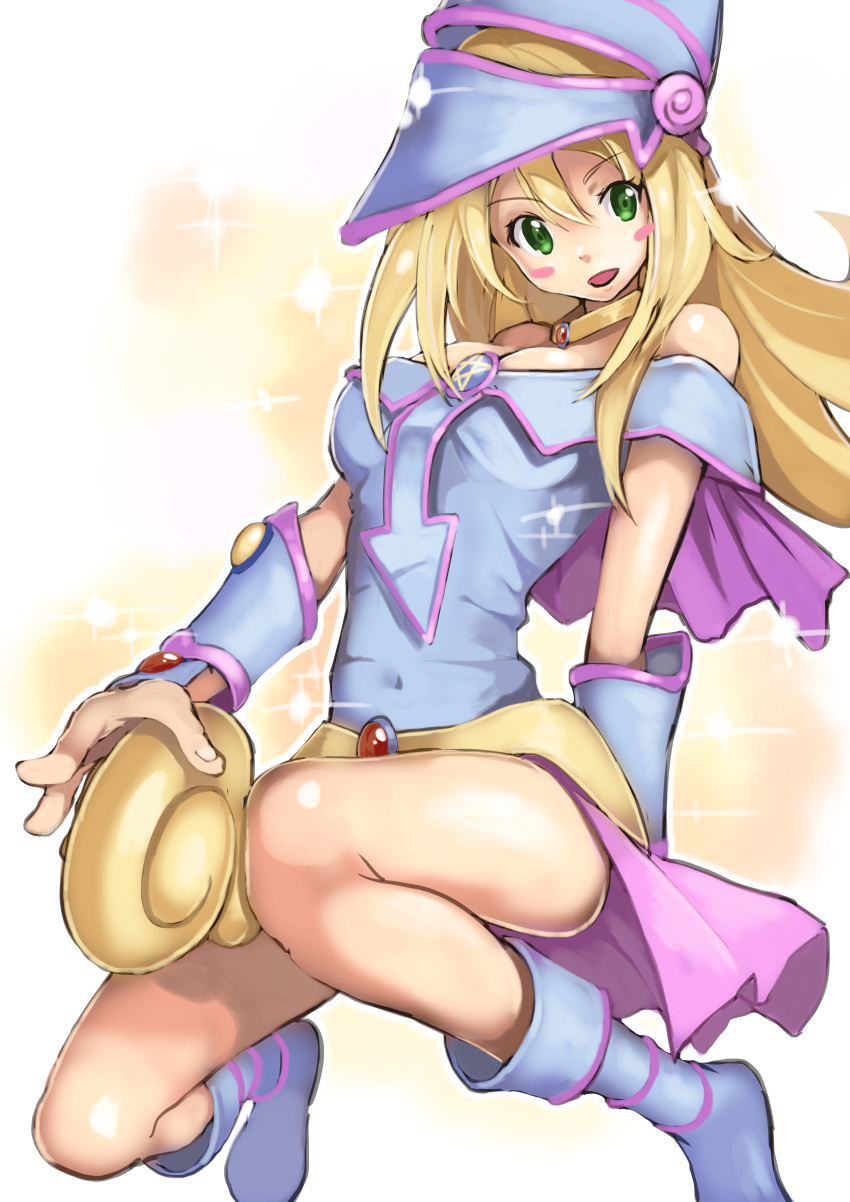 1girl bare_shoulders blonde_hair blush boots breasts dark_magician_girl duel_monster green_eyes hat large_breasts long_hair looking_at_viewer maechuu magical_girl solo wizard_hat yu-gi-oh!