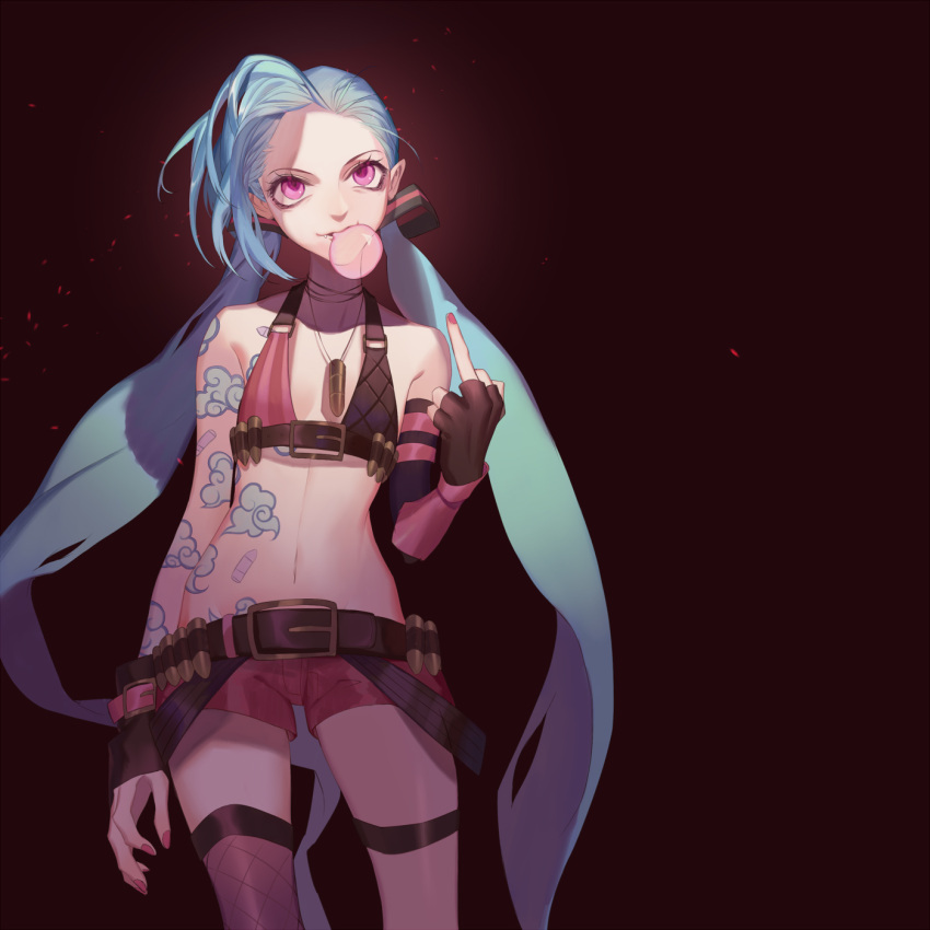 1girl belt blue_hair bubblegum dj.adonis gloves jinx_(league_of_legends) league_of_legends long_hair middle_finger pink_eyes shorts smile tattoo twintails