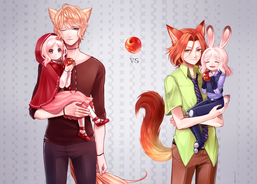 2boys 2girls age_difference apple beauty_mark big_bad_wolf_(cosplay) black_shirt blonde_hair blush bunny_tail cape carrying child choker closed_eyes closed_mouth collarbone cosplay cowboy_shot crossed_arms crossover diabolik_lovers disney dress fox_ears fox_tail full_body green_eyes hoodie judy_hopps_(cosplay) komori_yui little_red_riding_hood little_red_riding_hood_(cosplay) looking_at_viewer manmosu mary_janes mole multiple_boys multiple_girls multiple_persona necktie nick_wilde_(cosplay) one_eye_closed orange_hair pants petite police police_uniform rabbit_ears red_eyes ribbon sakamaki_laito sakamaki_shuu shirt shoes simple_background size_difference smile tail thighs uniform wolf_ears wolf_tail younger zootopia