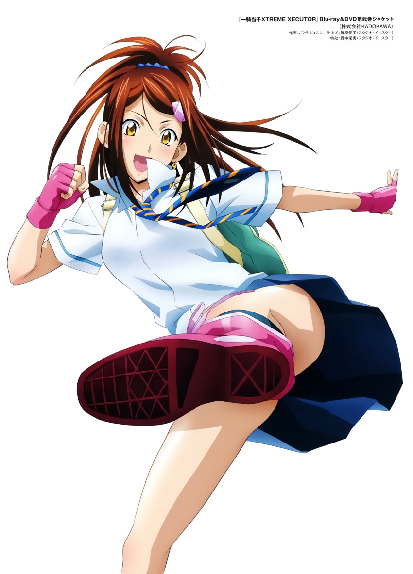00s 1girl absurdres bachou_mouki blue_skirt brown_eyes brown_hair copyright_name fingerless_gloves gloves hair_ornament highres ikkitousen long_hair looking_at_viewer necktie official_art open_mouth pink_gloves pleated_skirt rin-sin shirt simple_background skirt solo white_background white_shirt