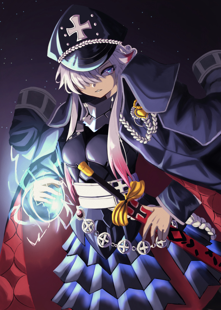 1girl absurdres armor armored_skirt azur_lane black_coat blue_eyes breastplate coat coat_on_shoulders gradient_hair hair_over_one_eye hat highres iron_cross lightning long_hair magic military_hat multicolored_hair night night_sky odin_(azur_lane) open_clothes open_coat padded_coat peaked_cap redhead sheath sheathed sky solo sword two-tone_hair weapon white_hair zen.nico