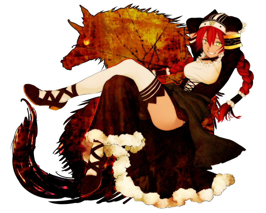 1girl arms_behind_head artist_request braid dark_skin detached_sleeves frills grin hat long_sleeves lupusregina_beta maid maid_apron mary_janes open_mouth overlord_(maruyama) redhead shoes skirt smile tail thigh-highs twin_braids werewolf wolf yellow_eyes