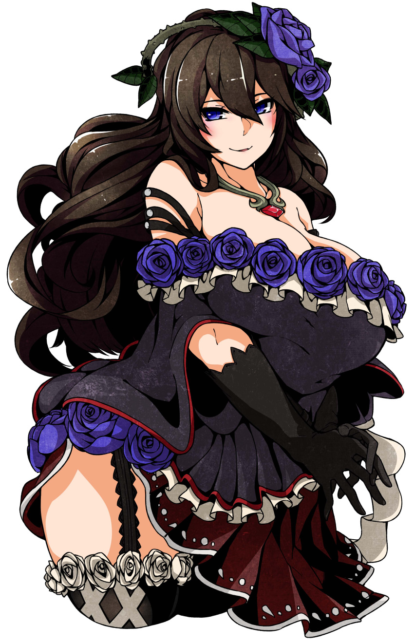 1girl absurdres bare_shoulders black_gloves black_legwear blue_eyes blue_rose blush breasts brown_hair cleavage dress elbow_gloves female flower garter_straps gloves granblue_fantasy hair_ornament huge_breasts jewelry kirishina lingerie long_hair looking_at_viewer necklace rose rosetta_(granblue_fantasy) simple_background skirt smile solo standing thigh-highs wavy_hair white_background