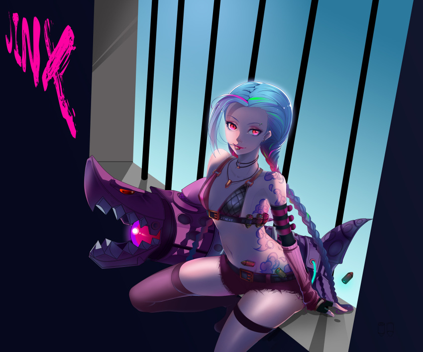 bare_shoulders bikini_top blue_hair braid breasts fingerless_gloves gloves jewelry jinx_(league_of_legends) league_of_legends lipstick long_hair necklace pink_eyes short small_breasts tattoo twin_braids weapon