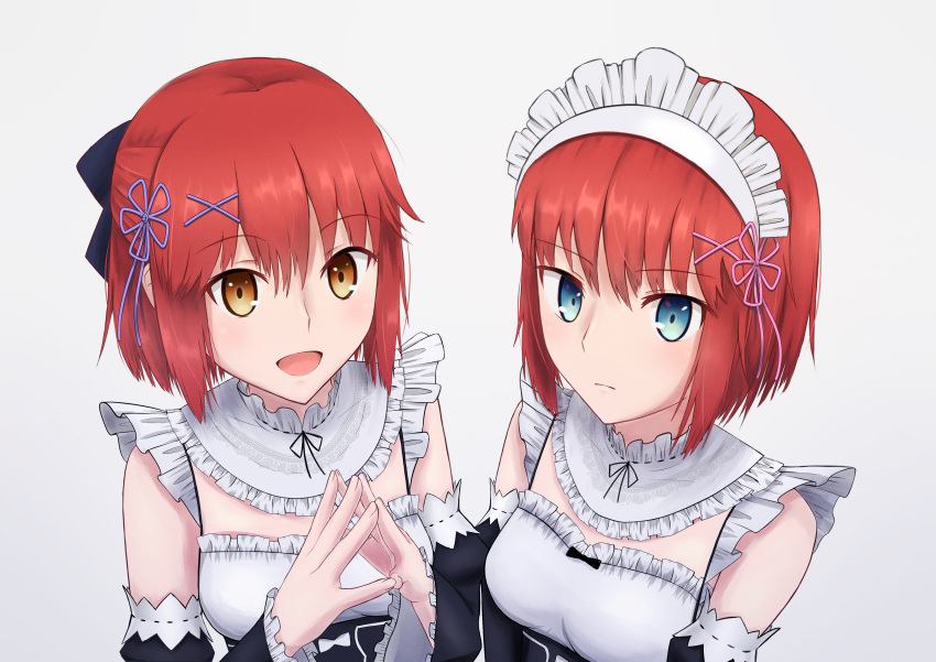 2girls absurdres alternate_costume black_dress blue_bow blue_eyes bow brown_eyes closed_mouth commentary_request cosplay crossover detached_collar detached_sleeves dress expressionless eyebrows_visible_through_hair fingernails frills hair_bow hair_ornament half_updo highres hisui_(tsukihime) kohaku_(tsukihime) looking_at_viewer maid maid_headdress multiple_girls nanamisaki_ayu open_mouth own_hands_together ram_(re:zero) ram_(re:zero)_(cosplay) re:zero_kara_hajimeru_isekai_seikatsu redhead rem_(re:zero) rem_(re:zero)_(cosplay) roswaal_mansion_maid_uniform short_hair siblings simple_background sisters smile tongue tsukihime twins uniform upper_body white_background x_hair_ornament