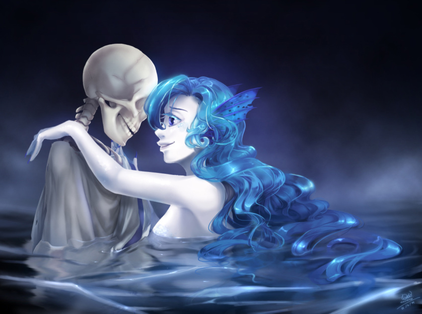 1boy 1girl blue_eyes blue_hair chin_hold corpse curly_hair dated doblemjwn evil_smile fog grey_skin hands_on_another's_shoulder head_fins hug long_nails mermaid monster_girl nail_polish nude ocean original pale_skin partially_submerged signature skeleton smile torn_clothes water