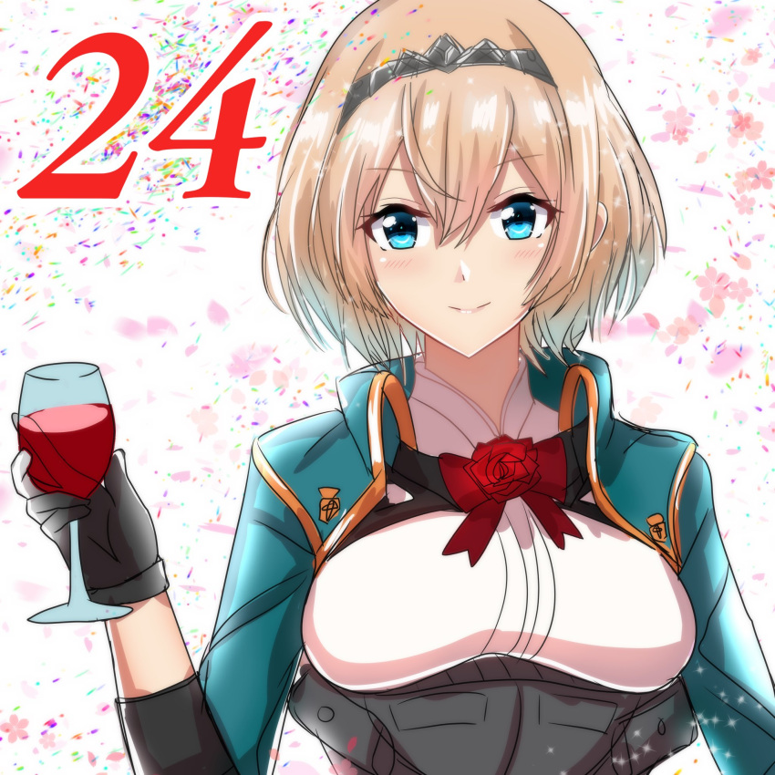 1girl alcohol aqua_eyes blonde_hair blush closed_mouth cup doradorazz drinking_glass eyebrows_visible_through_hair flower hair_between_eyes highres holding holding_cup kantai_collection long_sleeves military military_uniform official_alternate_hair_length official_alternate_hairstyle red_flower red_ribbon red_rose ribbon rose short_hair smile solo tiara uniform upper_body victorious_(kancolle) wine wine_glass