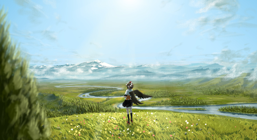 1girl absurdres belt black_belt black_legwear black_skirt black_wings blue_sky blurry blurry_foreground collared_shirt fasnakegod feathered_wings field flower forest frilled_skirt frills from_behind grass hat hauchiwa highres kneehighs looking_at_viewer looking_back mountainous_horizon nature pom_pom_(clothes) puffy_short_sleeves puffy_sleeves red_flower red_footwear red_headwear revision ribbon-trimmed_skirt ribbon_trim river scenery shameimaru_aya shirt shoes short_sleeves skirt sky solo tokin_hat touhou tree white_flower white_shirt wings yellow_flower