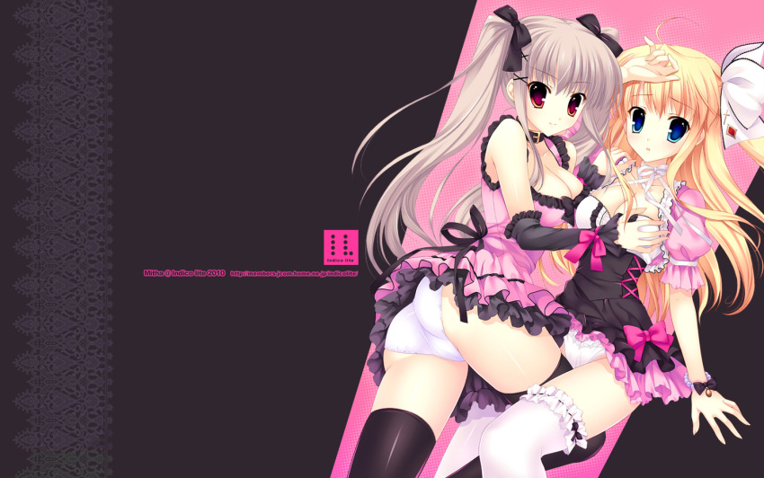 00s 2girls black_legwear black_outfit black_socks breast_grab breasts duo female groping highres indico_lite kiddy_grade lingerie mitha multiple_girls panties pink_outfit socks thigh-highs underwear white_legwear white_socks yuri