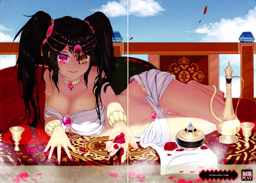 1girl artist_request barefoot black_hair breasts clouds date_a_live feet female flower hair_ornament heterochromia highres large_breasts long_hair looking_at_viewer midriff navel petals scan sky smile solo toes tokisaki_kurumi twintails