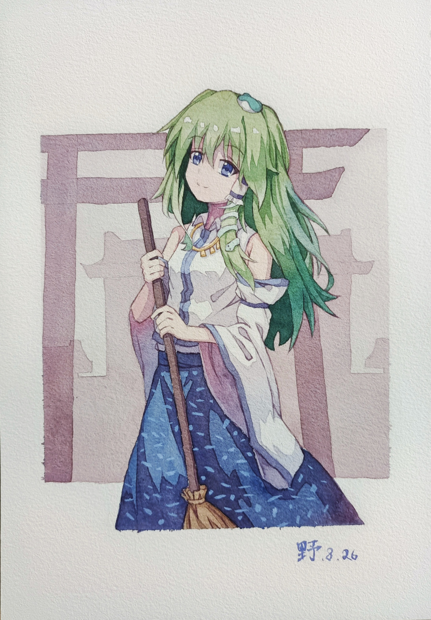 1546677594 1girl absurdres architecture bare_shoulders blue_eyes blue_skirt breasts broom closed_mouth collared_shirt dated detached_sleeves east_asian_architecture eyebrows_visible_through_hair frog_hair_ornament green_hair hair_ornament hair_tubes highres holding holding_broom jewelry kochiya_sanae long_hair neck_ring outdoors painting_(medium) shirt skirt sleeveless sleeveless_shirt small_breasts smile snake_hair_ornament solo standing torii touhou traditional_media watercolor_(medium) white_shirt wide_sleeves