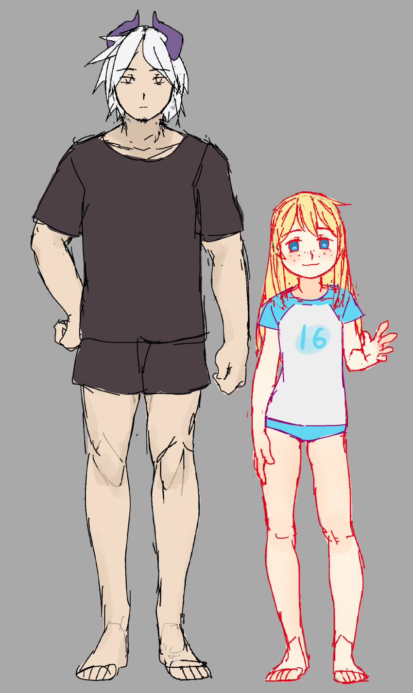 1boy 1girl age_difference bare_legs blonde_hair full_body horns long_hair looking_at_viewer original pettankon simple_background size_difference sketch standing