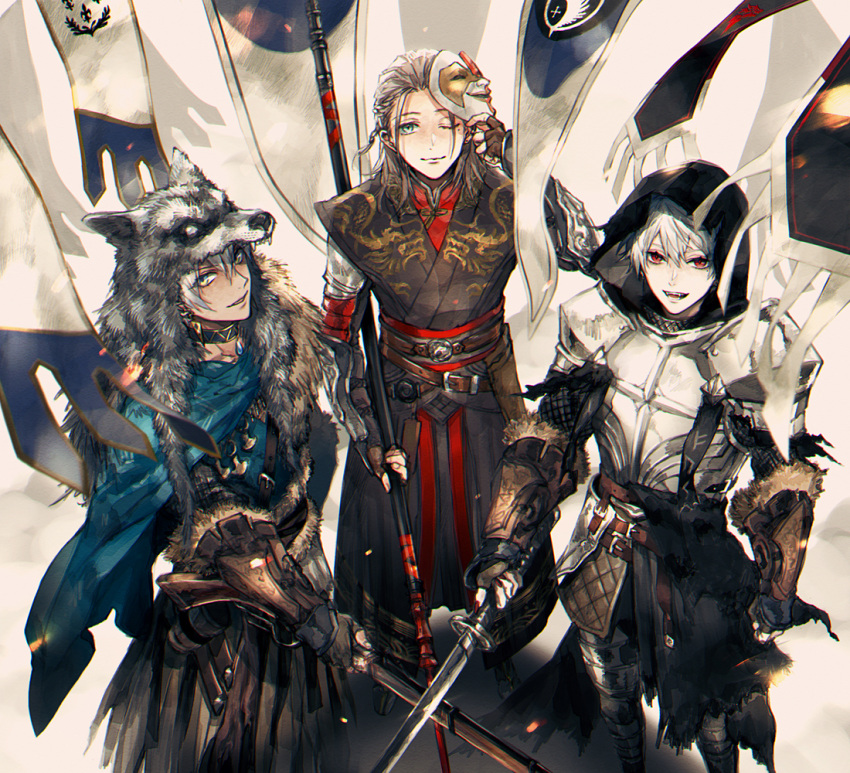 ;) adjusting_mask arm_at_side arm_guards armor armored_boots bangs blue_cloak boots chainmail character_request chinese_clothes cloak collar crossed_swords fangs fingerless_gloves flag from_above fujimaru_(inumog) gem gloves grey_hair hair_between_eyes hair_slicked_back hakama hand_up holding holding_polearm holding_sword holding_weapon hood hood_up japanese_clothes kanae_(nijisanji) kuzuha_(nijisanji) long_sleeves looking_at_viewer looking_up male_focus mask mask_on_head mole mole_under_eye nijisanji one_eye_closed outstretched_arm parted_lips pauldrons pelt plate_armor polearm red_eyes robe sash short_hair shoulder_armor smile standing sword toggles vambraces virtual_youtuber weapon white_hair wolf_hood wolf_pelt