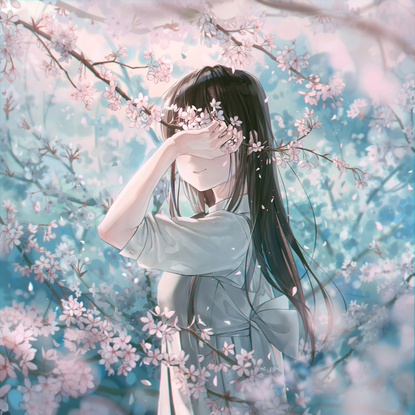 1girl black_hair blurry cherry_blossoms closed_mouth commentary_request covered_eyes dappled_sunlight depth_of_field dress facing_viewer flower from_side grey_dress hand_up highres holding holding_flower hoshi_ame long_hair original petals pinafore_dress pink_flower pleated_dress shirt sleeves_pushed_up smile solo spring_(season) sunlight tree_branch upper_body white_shirt