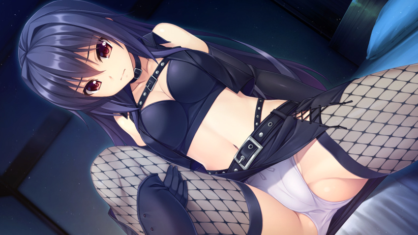 1girl akizora_momiji arm_support belt black_hair black_legwear black_skirt black_thighhighs closed_mouth clothes collar collarbone female fishnets game_cg kisaragi_reina leg_up long_hair looking_at_viewer midriff multiple_belts navel panties red_eyes sitting skirt solo teaka_mamire_no_tenshi thigh-highs underwear white_panties