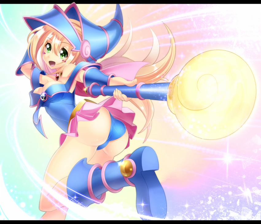 1girl ass bare_legs bare_shoulders blonde_hair blush blush_stickers boots breasts choker cleavage dark_magician_girl duel_monster green_eyes hat hexagram jewelry large_breasts long_hair looking_at_viewer magical_girl necklace nyanmaru open_mouth panties pentacle smile solo star underwear wizard_hat yu-gi-oh! yuu-gi-ou_duel_monsters