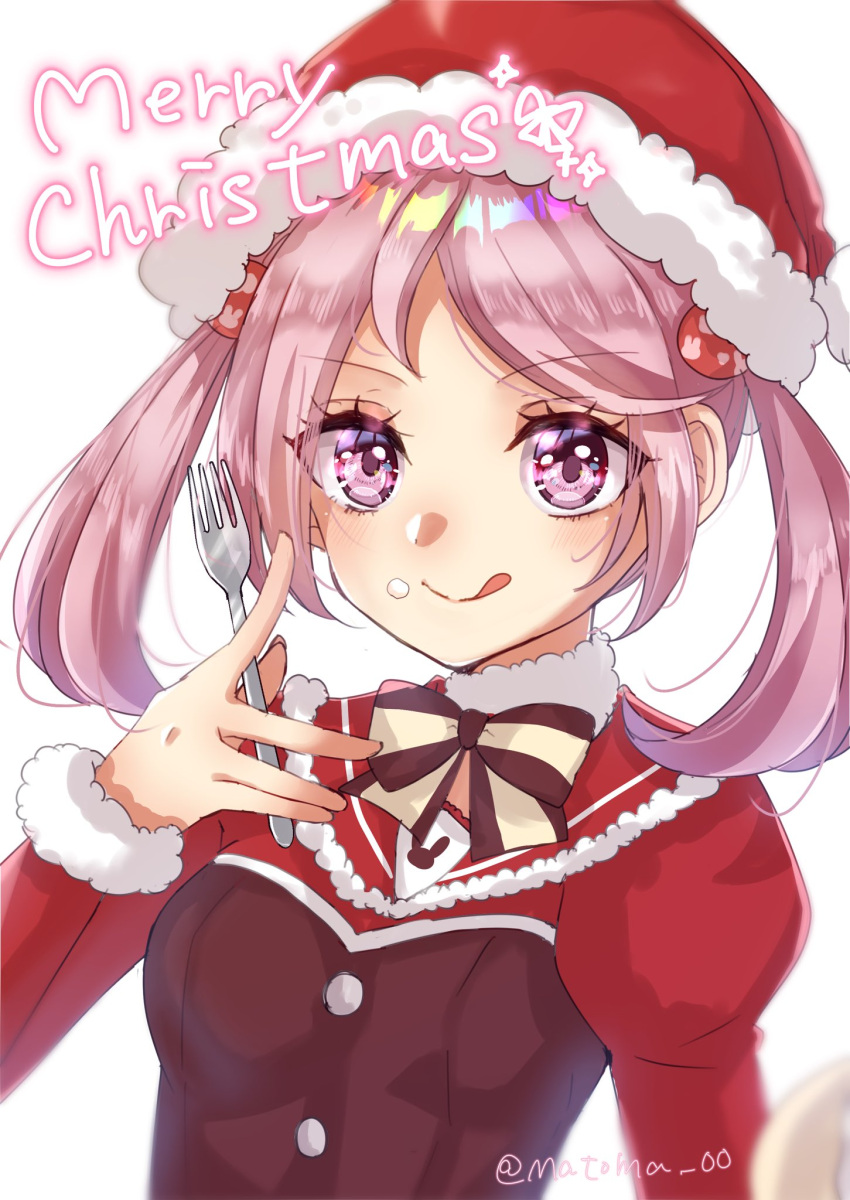 1girl blush buttons christmas closed_mouth eyebrows_visible_through_hair fork hair_bobbles hair_ornament hat highres holding holding_fork juliet_sleeves kantai_collection long_sleeves matoma_(matoma_00) merry_christmas official_alternate_costume pink_eyes pink_hair pom_pom_(clothes) puffy_sleeves red_headwear santa_hat sazanami_(kancolle) short_hair simple_background smile solo tongue tongue_out twintails twitter_username upper_body white_background