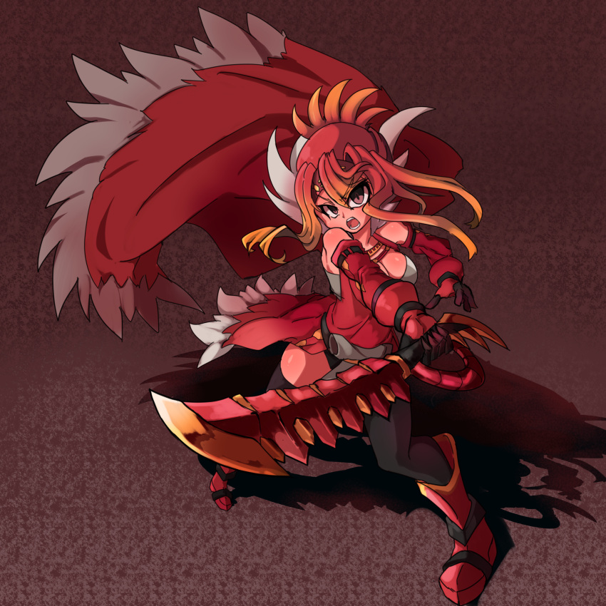 1girl boots borokuro cape fighting_stance foreshortening full_body gloves highres open_mouth personification pokemon red_boots red_cape redhead shadow standing sword tyrantrum weapon wide_stance