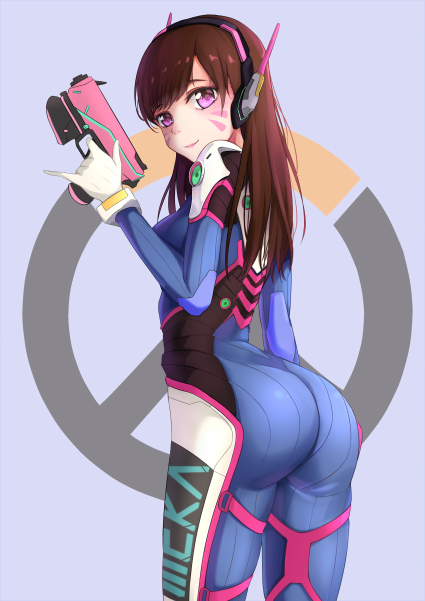 1girl absurdres alternate_eye_color armor ass bangs bodysuit breasts brown_eyes brown_hair closed_mouth clothes_writing d.va_(overwatch) emblem facepaint facial_mark finger_on_trigger from_behind gloves gun handgun headphones high_collar highres holding holding_gun holding_weapon jinji_de_guai_shushu lips long_hair looking_at_viewer looking_back medium_breasts overwatch pilot_suit pink_eyes pink_lips pinky_out purple_background shiny shiny_hair shoulder_pads sideboob simple_background skin_tight smile solo swept_bangs turtleneck weapon whisker_markings white_gloves