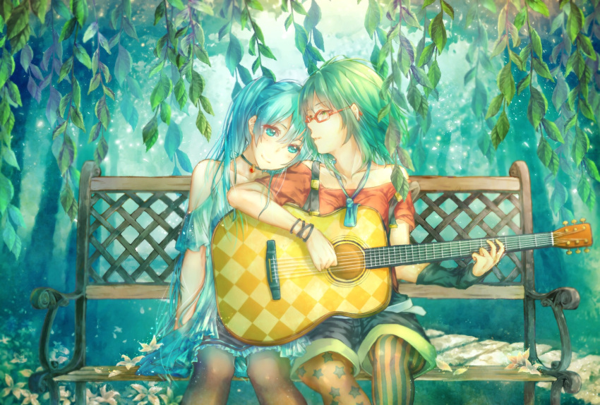 2girls acoustic_guitar aqua_eyes aqua_hair aqua_necktie arm_at_side arm_warmers bangs bare_shoulders bench black_legwear black_shorts blouse blue_necktie blurry breasts casual checkered choker closed_mouth collarbone depth_of_field diamond_(shape) eyelashes frilled_skirt frills garden glasses green_eyes green_hair guitar gumi hair_between_eyes hatsune_miku head_on_shoulder head_tilt highres instrument jewelry leaf leaning_on_person leaning_to_the_side light_particles long_hair looking_at_another loose_necktie miniskirt mismatched_legwear multiple_girls music necktie off_shoulder outdoors pantyhose park_bench parted_lips pendant plant playing_instrument print_legwear red-framed_eyewear red-framed_glasses shichico short_hair short_sleeves shorts shoulder_cutout side-by-side sitting skirt small_breasts smile star star_print strap_slip striped striped_legwear suspender_shorts suspenders tree vertical-striped_legwear vertical_stripes very_long_hair vocaloid white_flower