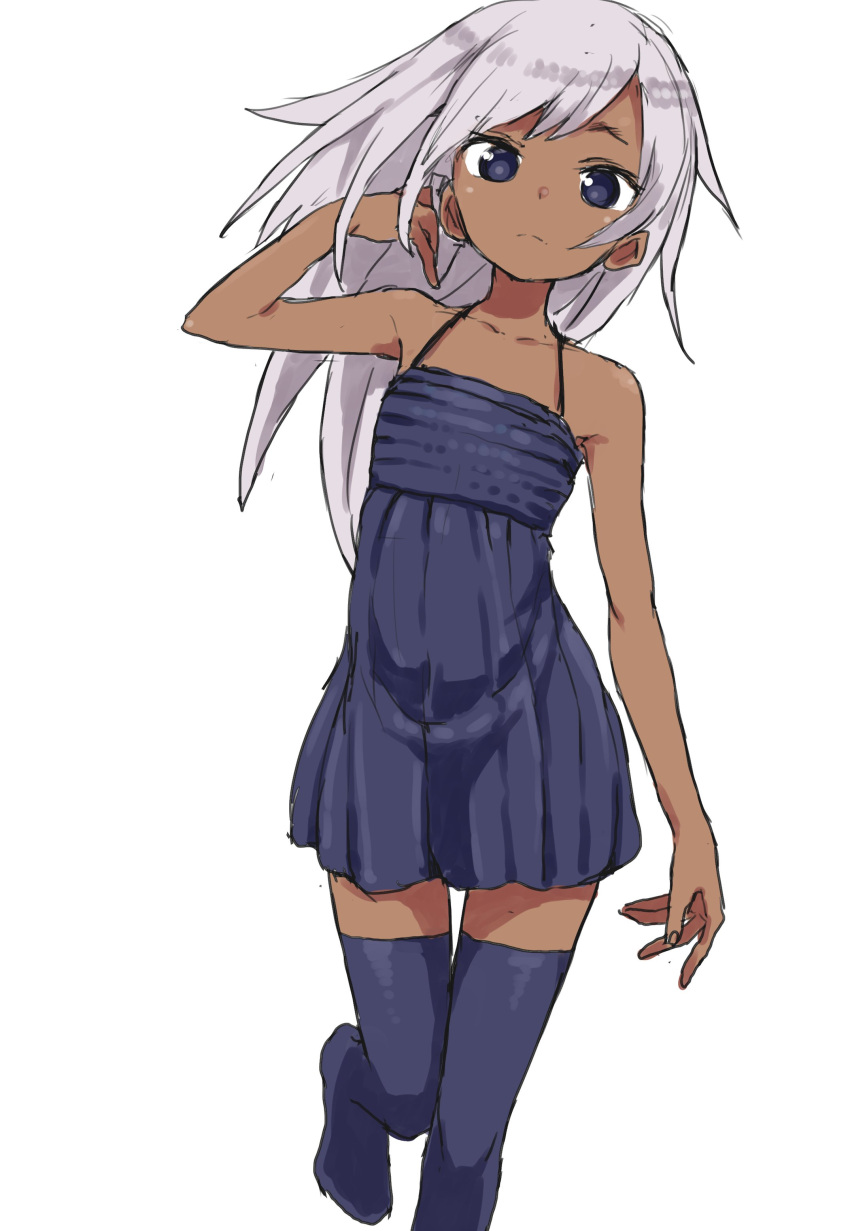 1girl :&lt; absurdres bangs bare_arms black_dress black_eyes blue_dress blue_eyes blue_legwear bright_pupils character_request child dark_skin dress hand_in_hair highres kneehighs long_hair looking_at_viewer no_shoes silver_hair simple_background solo standing_on_one_leg thigh-highs walking white_background white_hair yamamoto_souichirou zettai_ryouiki