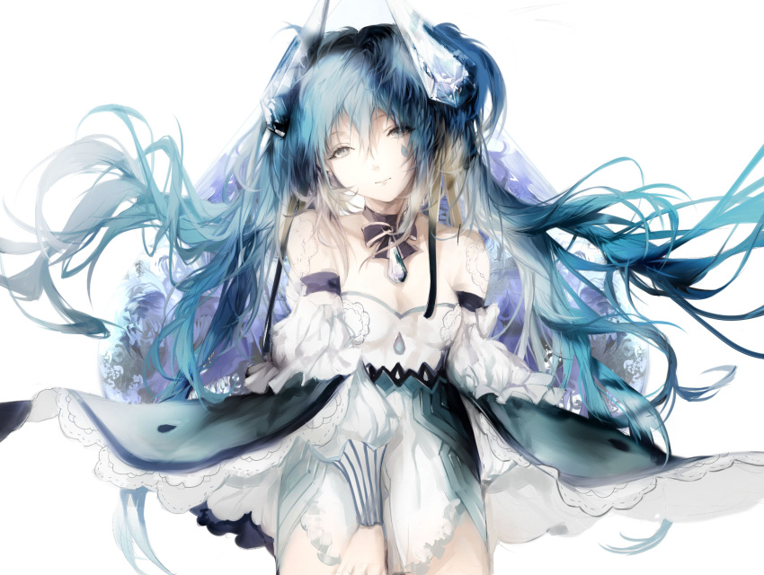 1girl blue_hair brown_eyes collar detached_sleeves dress hair_ornament hatsune_miku highres long_hair looking_at_viewer sa'yuki simple_background solo strapless strapless_dress vocaloid white_background white_dress
