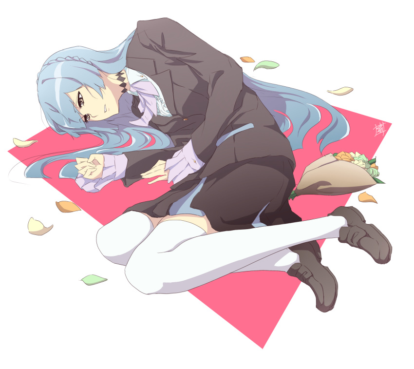 1girl blue_hair bouquet brown_eyes flower highres jacket kiznaiver loafers long_hair lying on_side parted_lips shao_(newton) shoes solo sonozaki_noriko thigh-highs white_legwear