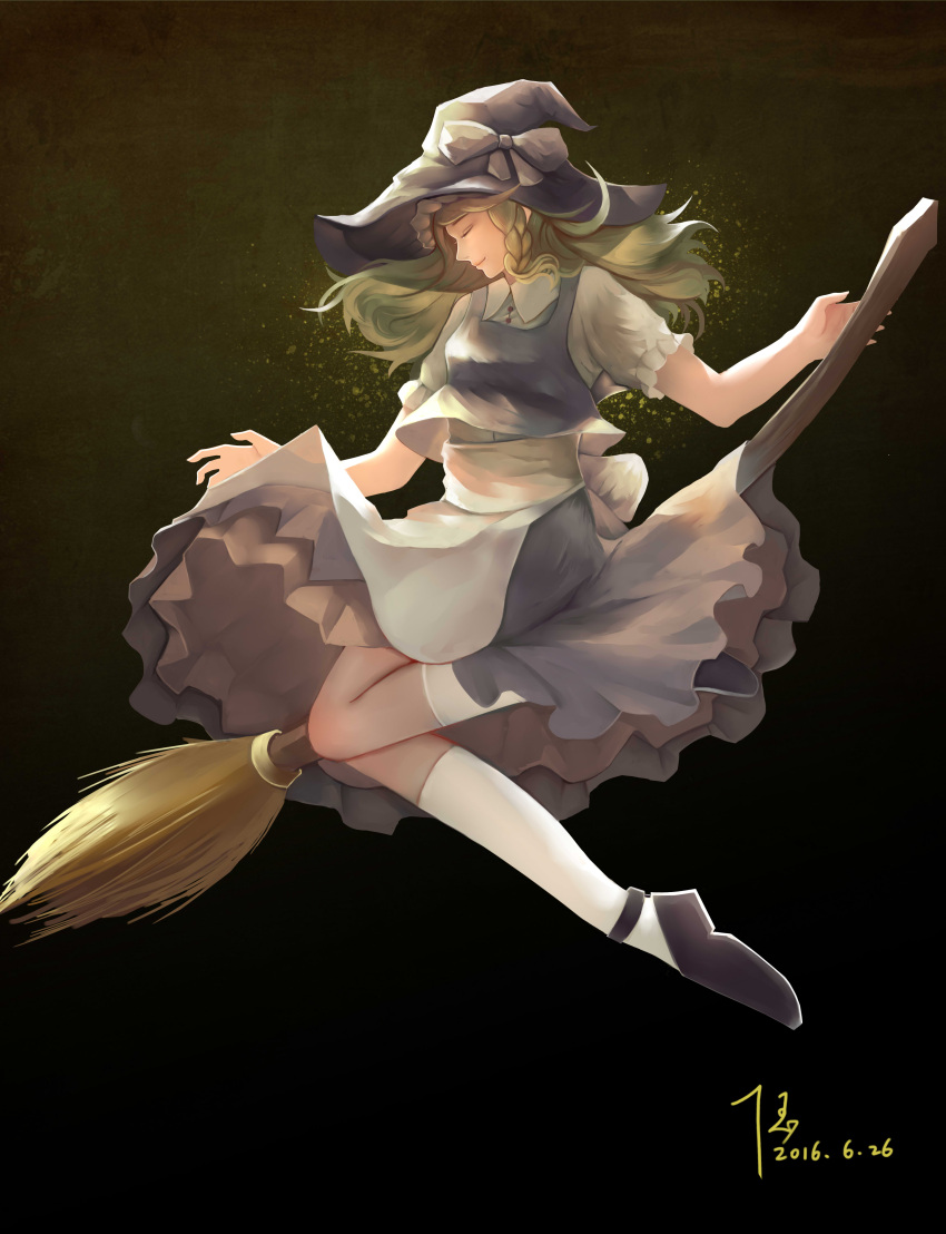 1girl absurdres apron blonde_hair braid broom broom_riding closed_eyes dated diandianzai facing_away folded_leg gradient gradient_background hat hat_ribbon highres kirisame_marisa kneehighs light_smile long_hair profile ribbon short_sleeves sidesaddle signature single_braid skirt skirt_set solo touhou waist_apron white_legwear witch_hat