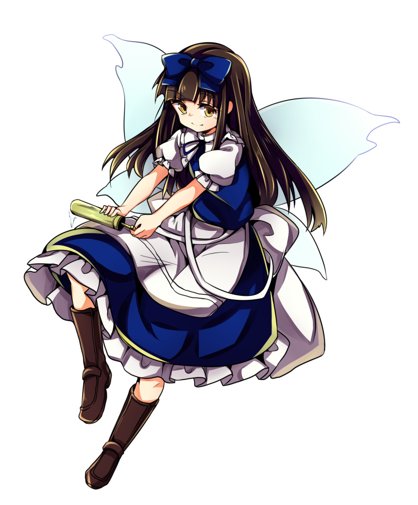 1girl absurdres apron baba_(baba_seimaijo) black_hair blue_dress boots bow brown_eyes dress fairy_wings frills full_body hair_bow highres hime_cut long_hair short_sleeves simple_background solo star_sapphire touhou water_gun white_background wings