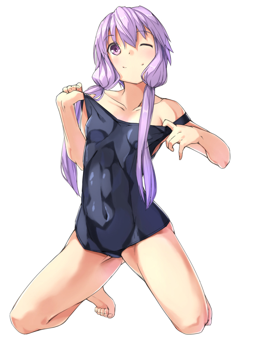 1girl bare_shoulders barefoot breasts collarbone covered_navel full_body highres kanzen_bouon kneeling long_hair looking_at_viewer low_twintails one-piece_swimsuit one_eye_closed purple_hair school_swimsuit simple_background small_breasts smile solo strap_pull strap_slip swimsuit swimsuit_pull twintails violet_eyes vocaloid voiceroid white_background yuzuki_yukari