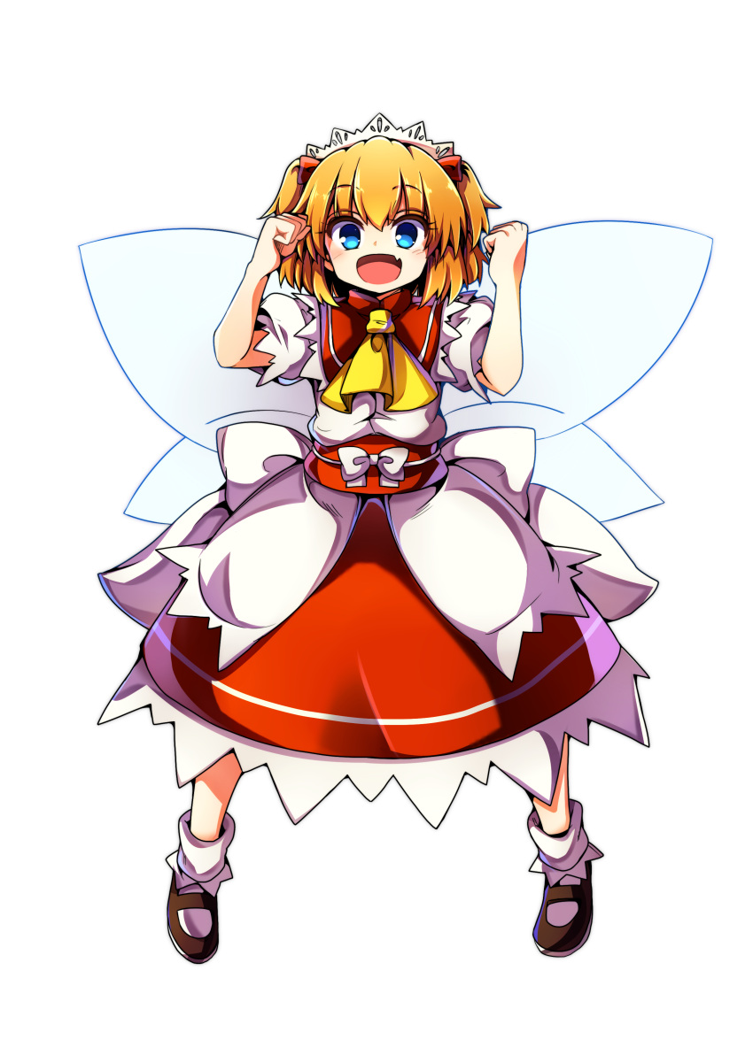 1girl absurdres ascot baba_(baba_seimaijo) blue_eyes brown_hair eyebrows eyebrows_visible_through_hair fairy fairy_wings fang full_body hair_ornament highres obi open_mouth orange_hair puffy_short_sleeves puffy_sleeves red_skirt sash short_hair short_sleeves simple_background skirt solo sunny_milk touhou white_background wings