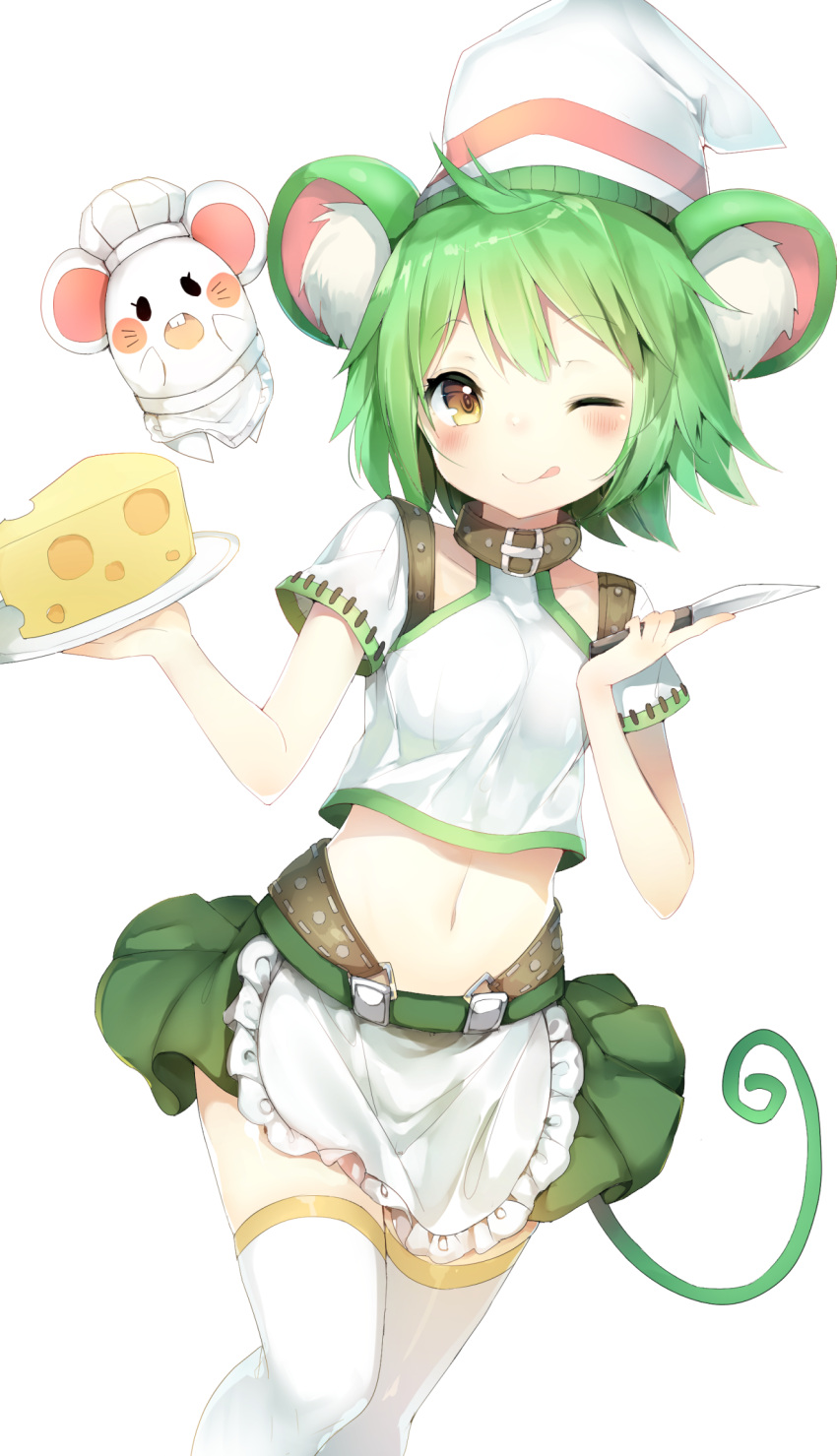 1girl animal animal_ears apron belt_buckle blush breasts buckle cheese chef_hat collarbone cowboy_shot crop_top food green_hair hat highres holding holding_knife kitchen_knife knife last_period midriff mouse mouse_ears mouse_tail navel niito one_eye_closed ratte_(last_period) short_hair short_sleeves simple_background skirt small_breasts smile solo tail thigh-highs tongue tongue_out tray white_background white_legwear yellow_eyes zettai_ryouiki