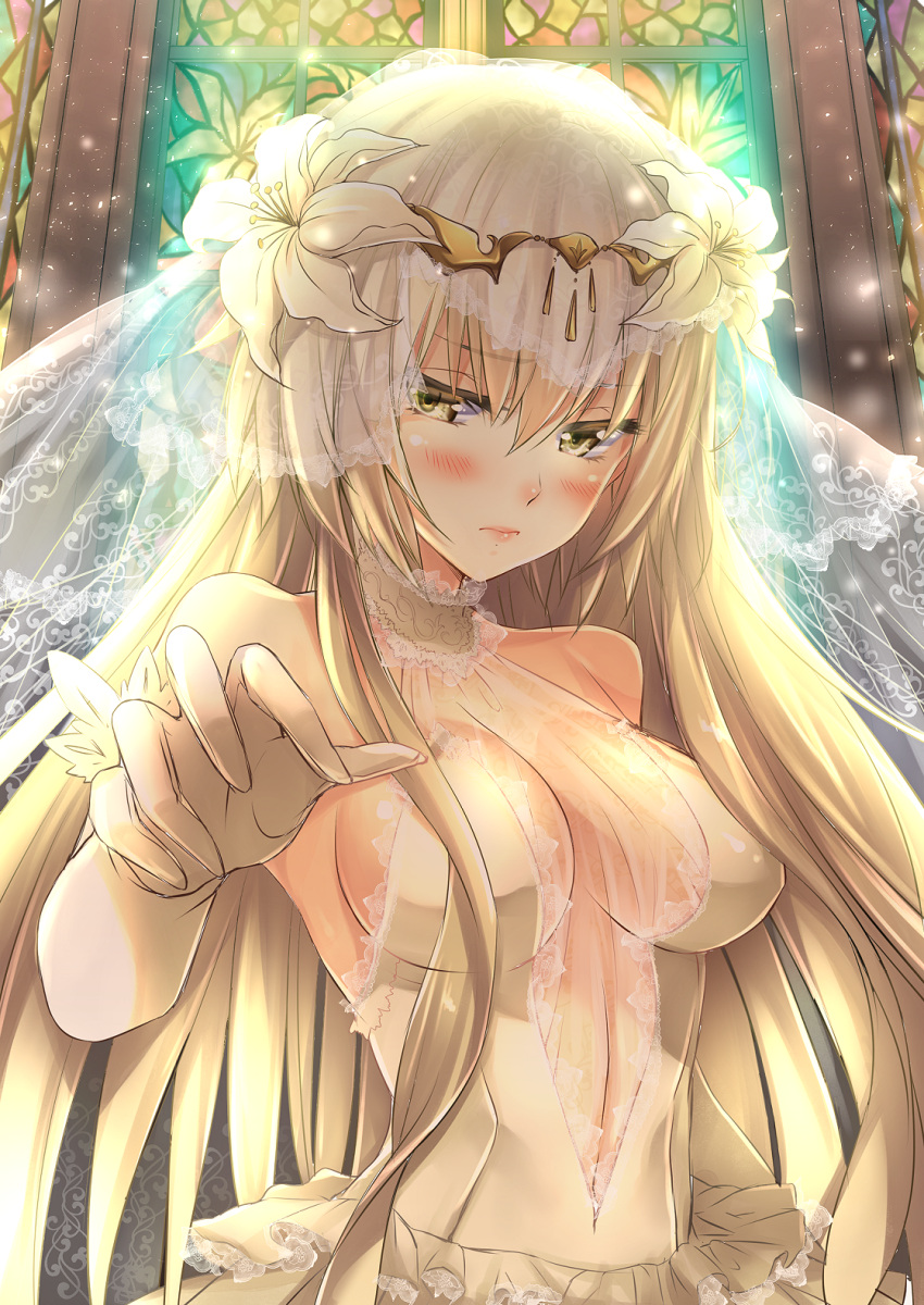 1girl alternate_costume backlighting bangs bare_shoulders blonde_hair blush breasts bridal_veil bride church church_interior circlet closed_mouth dress embarrassed eyebrows eyebrows_visible_through_hair fate/grand_order fate_(series) flower formal frills gloves hair_between_eyes hair_flower hair_ornament halterneck highres jeanne_alter jewelry lace large_breasts light_particles lily_(flower) long_hair looking_at_viewer mia_(gute-nacht-07) outstretched_arm pout ruler_(fate/apocrypha) ruler_(fate/grand_order) see-through sideboob solo stained_glass upper_body veil wedding wedding_dress white_dress white_flower yellow_eyes