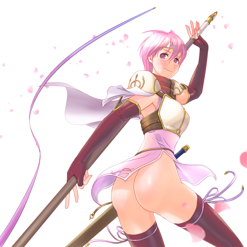 1girl armor armored_dress armpits ass bare_shoulders cowboy_shot elbow_gloves est fire_emblem fire_emblem:_mystery_of_the_emblem gloves haioman headband looking_at_viewer no_panties pegasus_knight petals pink_eyes pink_hair polearm short_hair smile solo spear sword thigh-highs weapon white_background