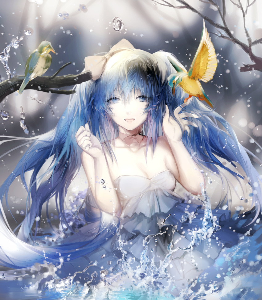 1girl bird bird_on_hand blue_eyes blue_hair breasts cleavage collar dress hair_ribbon hatsune_miku highres long_hair outdoors partially_submerged ribbon sa'yuki solo strapless strapless_dress twintails vocaloid water white_dress white_ribbon