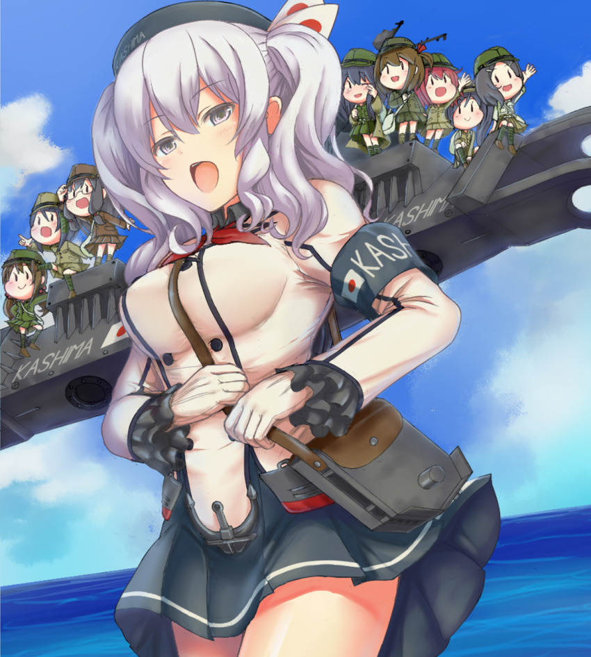 6+girls :d armband bag beret binoculars black_hair blue_sky breasts buttons character_name clouds em_s epaulettes fairy_(kantai_collection) frilled_sleeves frills glasses gloves grey_eyes hair_between_eyes hat highres jacket japanese_flag kantai_collection kashima_(kantai_collection) kneehighs large_breasts looking_at_viewer low_twintails machinery military military_uniform minigirl miniskirt multiple_girls neckerchief ocean open_mouth pleated_skirt redhead short_hair sidelocks silver_hair sitting skirt sky smile standing thigh-highs tsurime twintails uniform wavy_hair white_gloves