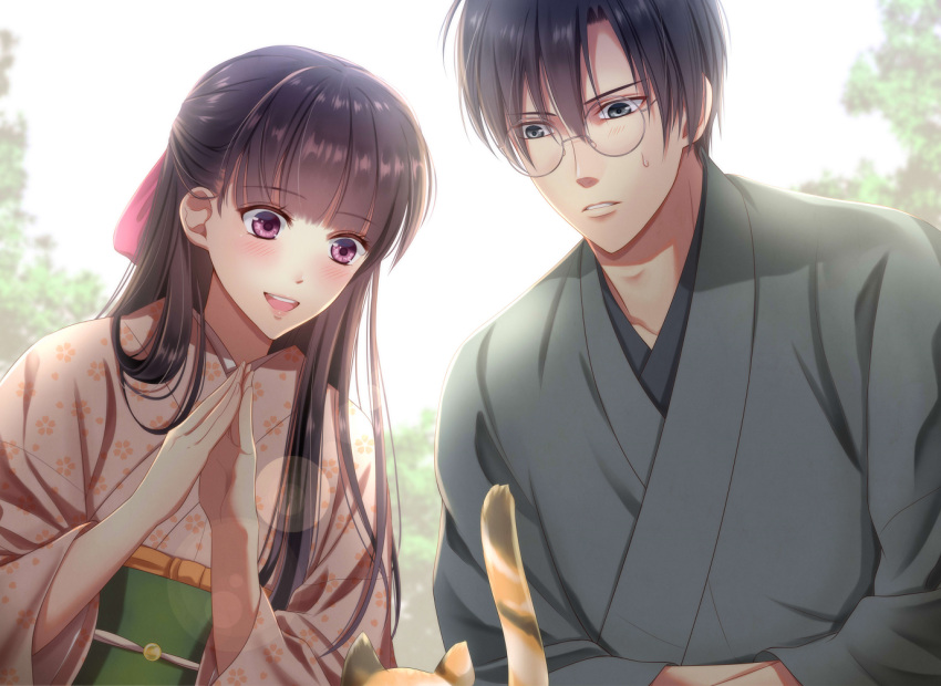 1boy 1girl :d bangs bow brown_hair cat day glasses grey_kimono hair_bow izumi_(stardustalone) japanese_clothes kimono lens_flare long_hair obi open_mouth outdoors parted_lips pink_bow pink_kimono renri_no_chigiri_wo_kimi_to_shiru sash smile steepled_fingers sweatdrop violet_eyes