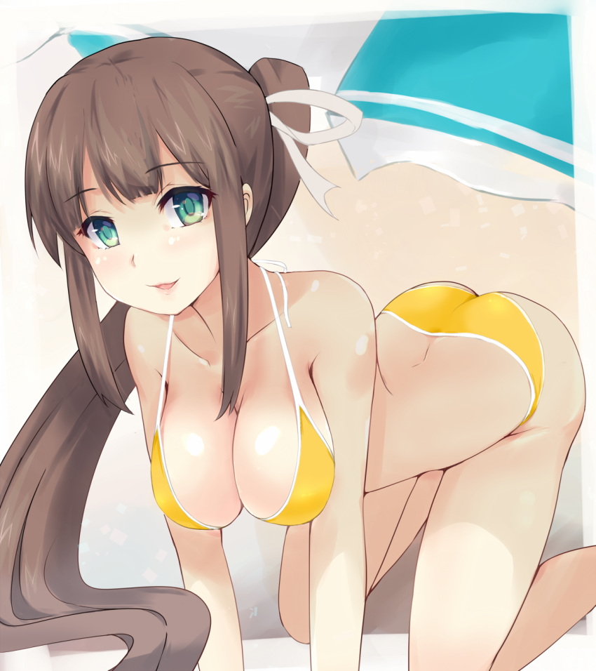 1girl all_fours ass bikini breasts brown_hair butt_crack cleavage elu green_eyes hair_ribbon highres long_hair original parted_lips ponytail smile solo swimsuit yellow_bikini