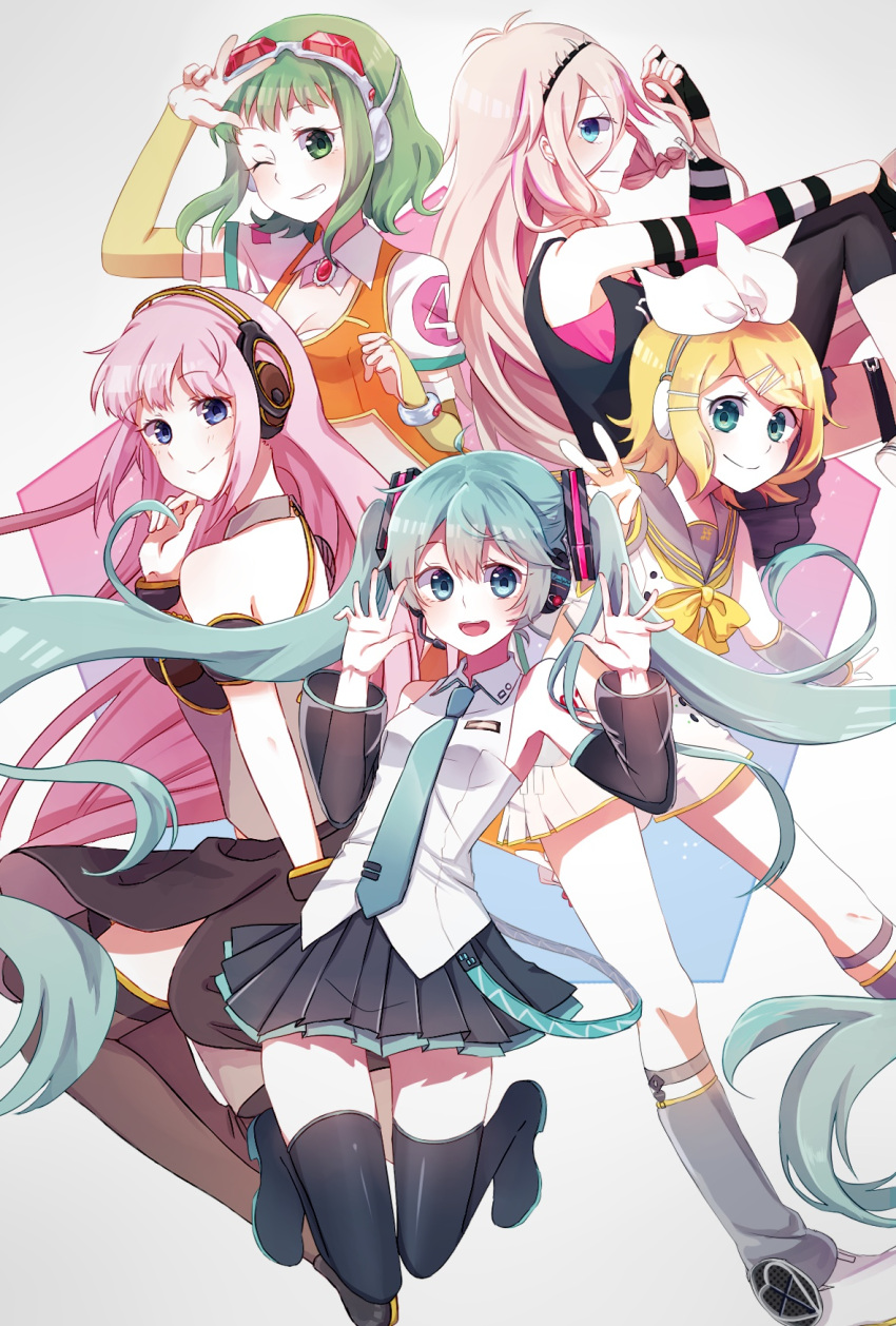 5girls aqua_eyes aqua_hair blonde_hair blue_eyes boots detached_sleeves floating_hair goggles goggles_on_head green_eyes green_hair gumi hair_ornament hair_ribbon hairclip hatsune_miku headphones highres ia_(vocaloid) kagamine_rin long_hair looking_at_viewer megurine_luka multiple_girls necktie one_eye_closed open_mouth pink_hair ribbon skirt smile thigh-highs thigh_boots twintails very_long_hair vocaloid