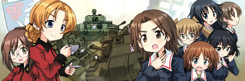 6+girls bangs black_eyes black_hair blue_eyes blue_hair blue_jacket blush braid brown_hair churchill_(tank) crown_braid cup emblem eyebrows eyebrows_visible_through_hair freckles girls_und_panzer glasses green_shirt ground_vehicle hair_ribbon headphones holding jacket knife long_hair long_sleeves looking_at_viewer m3_lee maruyama_saki matilda_(tank) military military_uniform military_vehicle motor_vehicle multiple_girls nilgiri nirugiri older oono_aya open_mouth orange_hair orange_pekoe parted_bangs portrait rabbit red_jacket ribbon rukuriri sakaguchi_karina sanari_(quarter_iceshop) sawa_azusa shirt short_hair smile smirk tank teacup throat_microphone tied_hair twin_braids twintails uniform utsugi_yuuki yamagou_ayumi