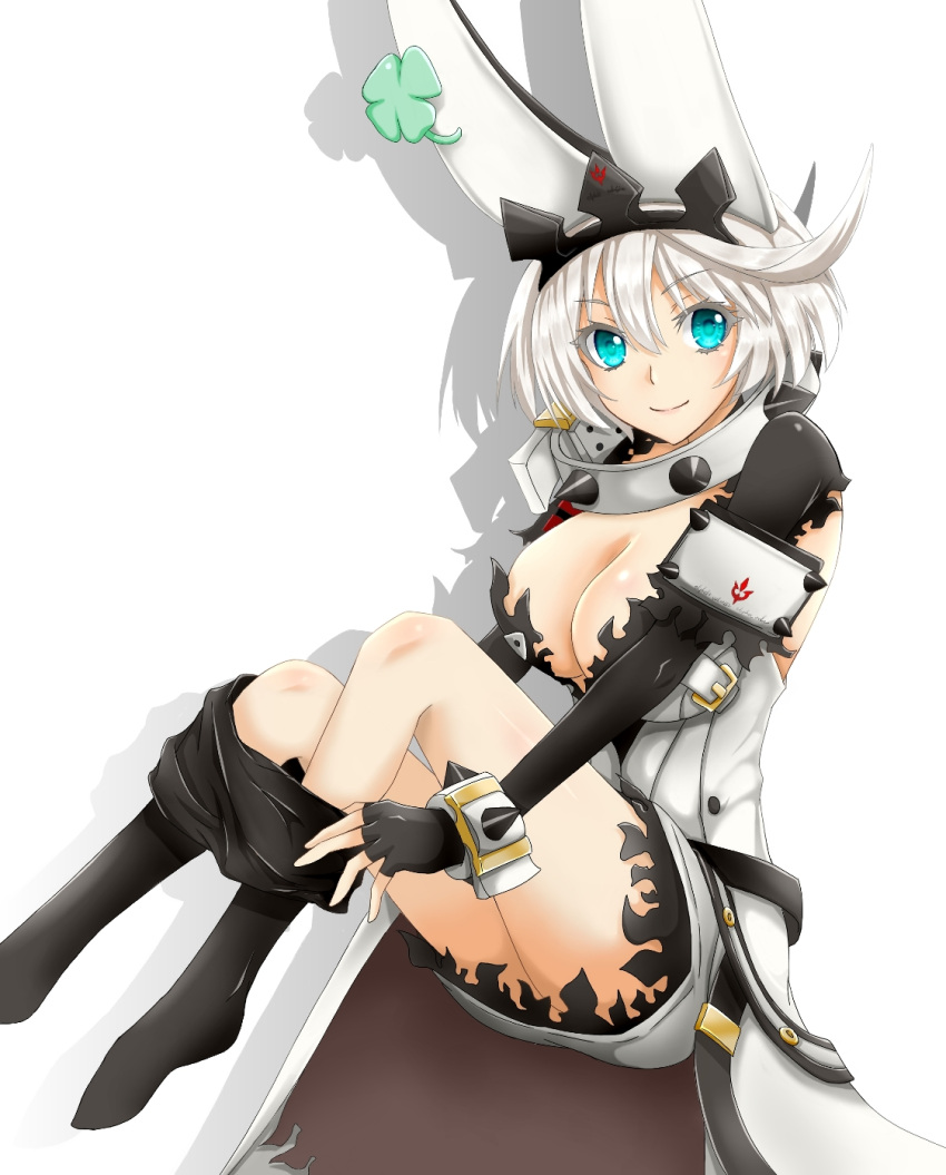 1girl ahoge aqua_eyes arc_system_works artist_request breasts cleavage clover colored_eyelashes dress elphelt_valentine fingerless_gloves four-leaf_clover guilty_gear guilty_gear_xrd guilty_gear_xrd:_revelator large_breasts looking_at_viewer pantyhose rabbit_ears shadow shiny shiny_hair shiny_skin short_hair silver_hair smile solo spiked_collar spikes