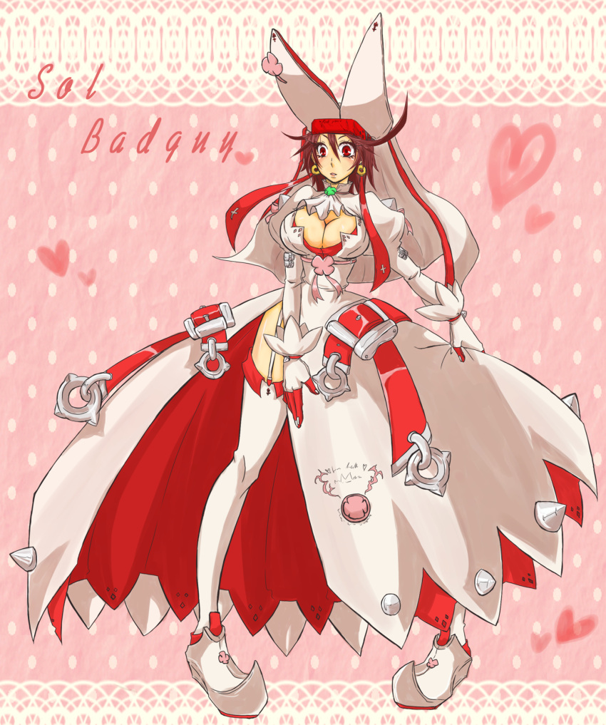 1girl ahoge arc_system_works artist_request blush breasts bridal_veil brown_hair character_name cleavage clover cosplay dress earrings elphelt_valentine elphelt_valentine_(cosplay) four-leaf_clover garter_straps genderswap_(mtf) gloves guilty_gear guilty_gear_xrd headband heart jewelry large_breasts long_sleeves looking_at_viewer parted_lips red_eyes ribbon shiny shiny_hair shiny_skin short_hair sol_badguy solo spikes thigh-highs veil wedding_dress white_dress