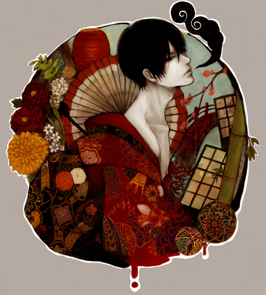 1boy adam's_apple ball bamboo black_eyes black_hair branch camellia_(flower) cherry_blossoms chrysanthemum collarbone dripping flower grey_background japanese_clothes kimono kiseru lantern leaves lily_(flower) makeup male_focus nipples oriental_umbrella original pale_skin pipe renos simple_background smoke smoking solo spider_lily temari_ball traditional_clothes umbrella upper_body