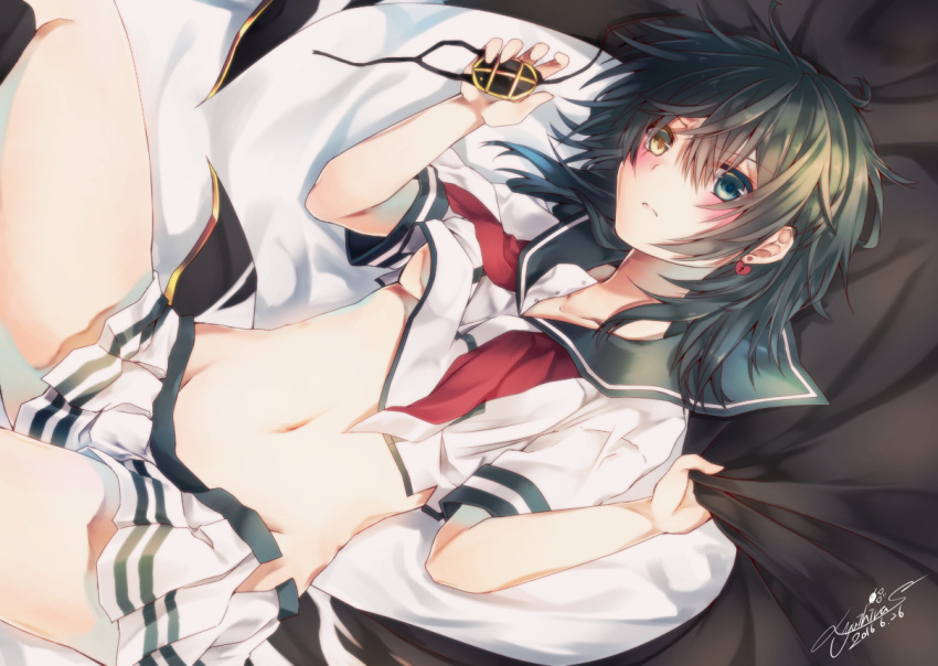 1girl 2016 bed_sheet black_hair black_legwear blouse blue_eyes blush breasts closed_mouth collarbone dated earrings eyepatch eyepatch_removed frown green_hair groin hair_between_eyes heart heart-shaped_lock heart_earrings heterochromia holding jewelry kantai_collection kiso_(kantai_collection) kneehighs lock looking_at_viewer miniskirt navel neckerchief on_bed padlock pleated_skirt remodel_(kantai_collection) school_uniform serafuku sheet_grab shirt short_hair short_sleeves signature skirt small_breasts solo stomach under_boob untied white_blouse white_shirt yellow_eyes yuihira_asu