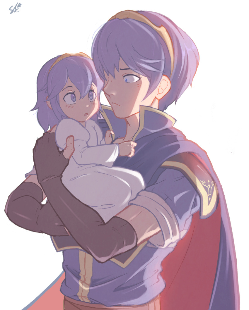 1boy 1girl adult age_difference baby blue_eyes blue_hair blush cape fingerless_gloves fire_emblem fire_emblem:_kakusei fire_emblem:_mystery_of_the_emblem gloves great_grandfather_and_great_granddaughter intelligent_systems lucina marth nintendo sallymon short_hair time_paradox white_background young